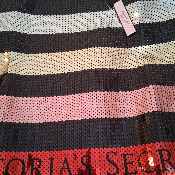 Victoria’s Secret Black Stripe Sequin Bling Large Tote Bag Open Top Beach Travel - Picture 7 of 8